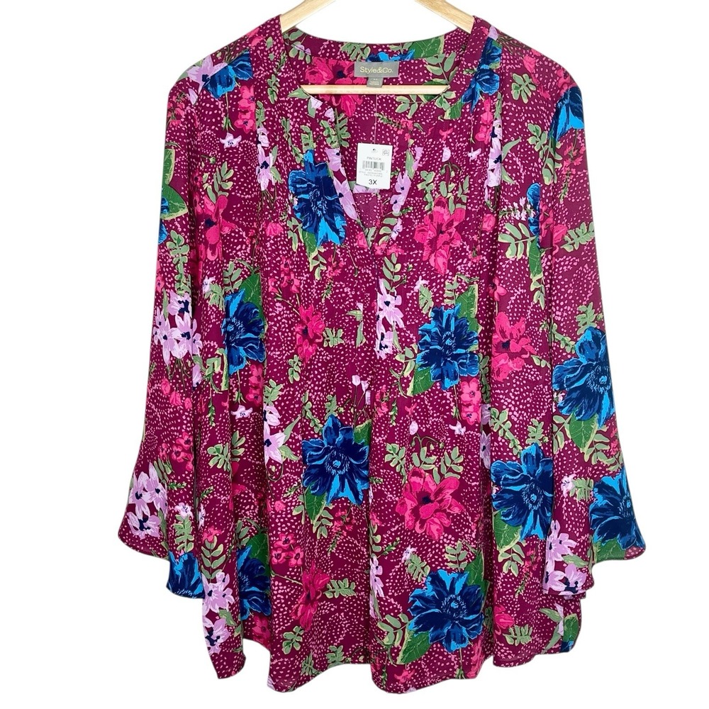 Style & Co Floral Print Blouse Top Womens Size 3X Colorful Pink Flare Sleeve